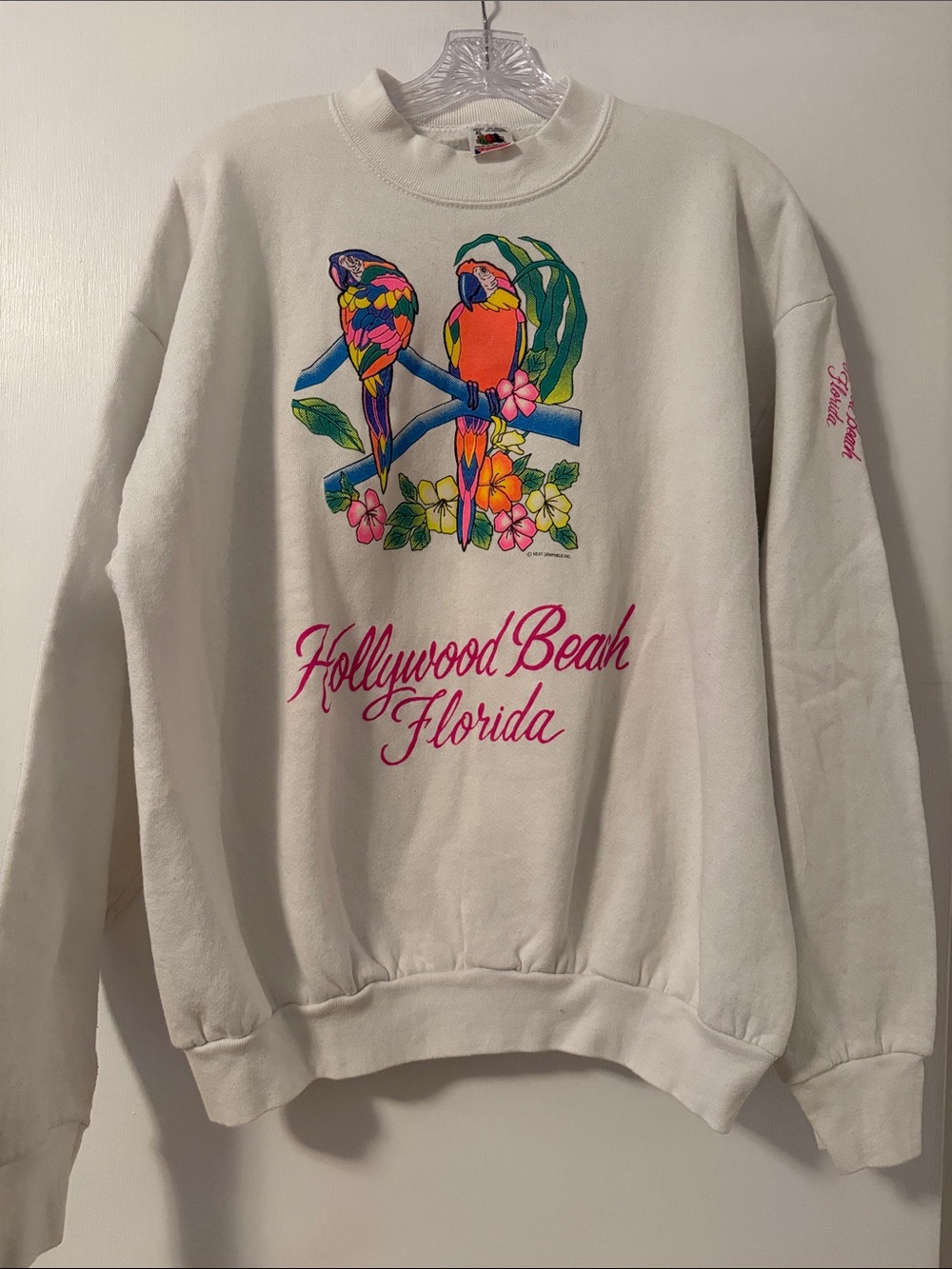 Vintage Cream Sweatshirt Hollywood Beach Florida Neon Bright Fun Parrot Pink XL